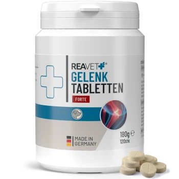 Behälter von REAVET Gelenk Tabletten Forte für Hunde, mit einem Deutschen Schäferhund auf dem Etikett, mit Tabletten davor.
