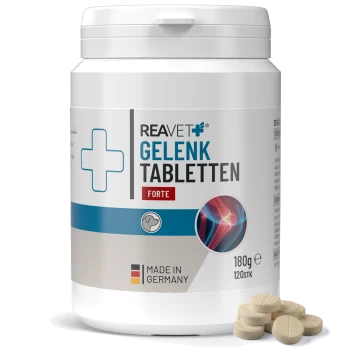 Behälter von REAVET Gelenk Tabletten Forte für Hunde, mit einem Deutschen Schäferhund auf dem Etikett, mit Tabletten davor.