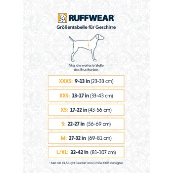 Größentabelle für Ruffwear-Hundegeschirre, die Maße in Zoll und Zentimetern für Größen von XXXS bis L/XL zeigt.