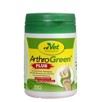 Behälter von cdVet ArthroGreen Plus, ein natürliches Ergänzungsmittel für die Gelenkgesundheit, mit grünem Deckel und einem Knochen-Graphic, mit Text auf Deutsch.