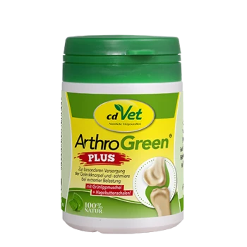 Behälter von cdVet ArthroGreen Plus, ein natürliches Ergänzungsmittel für die Gelenkgesundheit, mit grünem Deckel und einem Knochen-Graphic, mit Text auf Deutsch.