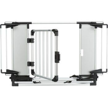Verstellbares Metall- und Kunststoff-Tiergitter mit kleiner Tür, für den Innenbereich konzipiert.