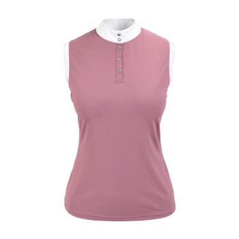 Ärmelloses pinkes Poloshirt mit hohem weißen Kragen und dekorativen Knöpfen auf der Vorderseite.