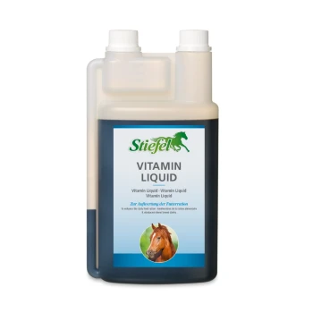 Flasche Stiefel Vitaminflüssigkeit für Pferde, mit einem Pferdebild, mit Text, der Vitamine, Mineralien und Aminosäuren beschreibt.