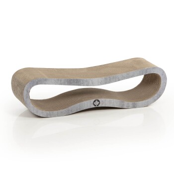 Ein moderner, geschwungener Katzenkratzbaum aus beigem Wellpappenmaterial mit grauem Rand, entworfen für das Spielen und Kratzen von Katzen.