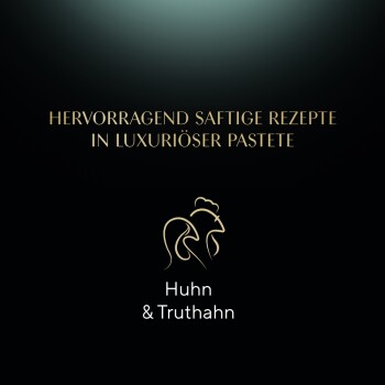 Luxuriöse Haustierfutterverpackung mit dem Text "Hervorragend saftige Rezepte in luxuriöser Pastete" und einem Logo eines Huhns.