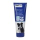 Tube bleu de shampooing pour chien AniOne Shine & Care avec une image de chien noir et blanc, avec des revendications véganes et de panthénol.