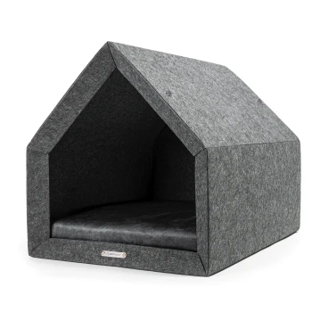 Pethome 2.0 dunkelgrau anthrazit/ grau S Graues Filzhaustierhaus mit einem dreieckigen Dach und einem weichen schwarzen Kissen innen, entworfen für kleine Haustiere.