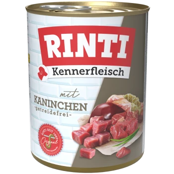 Dose Rinti Kennerfleisch getreidefreies Kaninchenfleisch-Hundefutter mit Bild von rohen Fleischstücken auf dem Etikett.