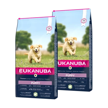 Dwie torby suchej karmy dla szczeniąt Eukanuba z wizerunkiem wesołego szczeniaka golden retrievera z przodu, z informacjami o wieku i wadze.