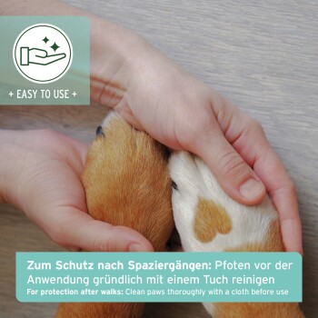 Eine Person reinigt sanft die Pfote eines Hundes mit einem Tuch, mit Textüberlagerung in Deutsch und Englisch über die Anweisungen zur Reinigung der Pfoten nach dem Spaziergang.