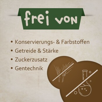 Beiger Hintergrund mit einem grünen "frei von" Banner, das Konservierungsstoffe, Getreide, Zuckerzusätze und Gentechnik auflistet, mit Symbolen.