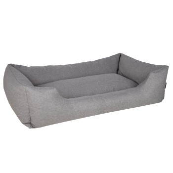 Grauem Haustierbett mit erhöhten Seiten und gepolstertem Innenraum, entworfen für Komfort und Unterstützung für Hunde oder Katzen.