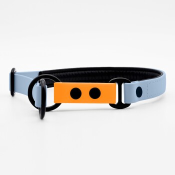 Buntes Hundehalsband mit einem hellblauen Riemen, einer orangefarbenen Schnalle mit zwei schwarzen Punkten und einem gepolsterten schwarzen Innenraum.