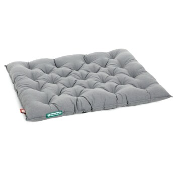 Graues Hundebett mit gepolstertem Design, mit einem grünen 'Doctor Bark'-Label an der Seite.