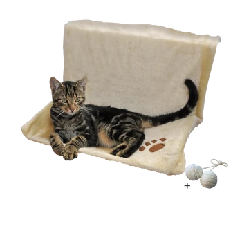 Eine getigerte Katze liegt auf einem weichen, cremefarbenen Haustierbett mit Pfotenabdruckdesigns, begleitet von zwei kleinen Seilbällen.