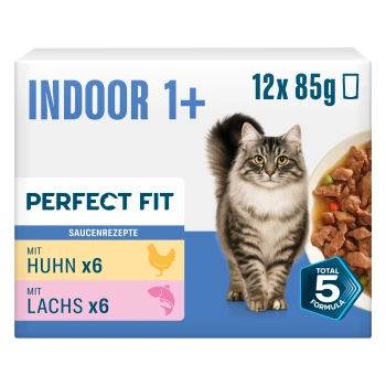 Perfect Fit INDOOR 1+ Katzenfutterbox 12x85g, getigerte Katze neben einer Schüssel mit Fleischstücken; Beschriftungen 'MIT HUHN x6' und 'MIT LACHS x6'