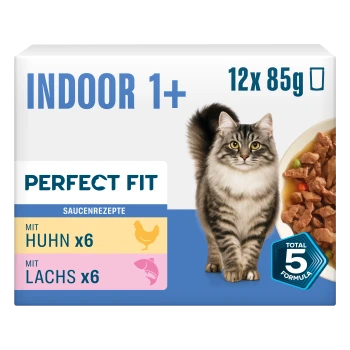 Perfect Fit INDOOR 1+ Katzenfutterbox 12x85g, getigerte Katze neben einer Schüssel mit Fleischstücken; Beschriftungen 'MIT HUHN x6' und 'MIT LACHS x6'