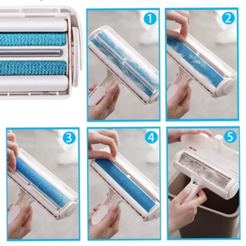 Bild zeigt eine Schritt-für-Schritt-Anleitung zur Verwendung eines Tierhaarbürstenrollers, mit fünf nummerierten Panels, die den Prozess demonstrieren.