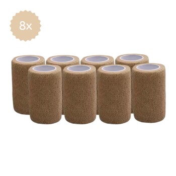 Acht Rollen beiger selbstklebender Verbandband, angeordnet in zwei Reihen, ideal für die Tierpflege und Erste Hilfe.
