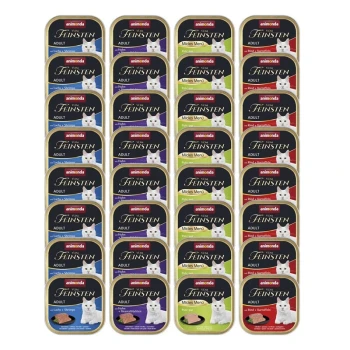 Ein Gitter von 24 Dosen Katzenfutter mit der Aufschrift "animonda von Feinsten ADULT", mit Geschmacksrichtungen wie Garnelen, Truthahn und Rind, mit einem Bild einer weißen Katze.