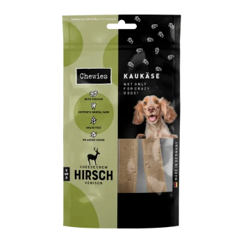 Verpackung für Chewies Käsekaubonbons mit Wild, mit einem glücklichen Hund, Highlights: unterstützt die Zahnpflege, getreidefrei, ohne Zuckerzusatz.