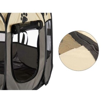 Haustier-Spielzaun mit einem Netzfenster und einem Reißverschluss-Eingang, mit einer Nahaufnahme des strapazierfähigen Stoffes und der Nähdetails.