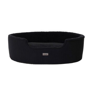 Schwarzes Haustierbett mit einem plüschigen Innenraum und erhöhten Rändern, mit einem kleinen 'lionte'-Logo an der Seite.