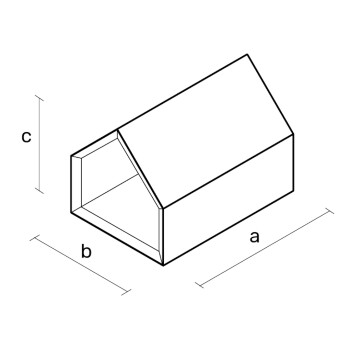 Linienzeichnung eines Haustierhauses mit beschrifteten Abmessungen a, b und c, die Breite, Länge und Höhe angeben.