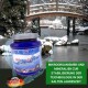 Aqua Cereal WinterStabil-Glas vor einem schneebedeckten Teich und einer Holzbrücke, mit Text über Mikroorganismen und Mineralien für die Teichstabilität im Winter.