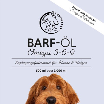 Flaschenetikett für BARF-ÖL Omega 3-6-9, ein Nahrungsergänzungsmittel für Hunde und Katzen, mit einem goldenen Hundegesicht und Text in deutscher Sprache.