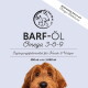 Flaschenetikett für BARF-ÖL Omega 3-6-9, ein Nahrungsergänzungsmittel für Hunde und Katzen, mit einem goldenen Hundegesicht und Text in deutscher Sprache.