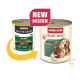 Zwei Dosen Animonda GranCarno Hundefutter zeigen altes und neues Design mit dem Text „NEUES DESIGN“ und einem gelben Pfeil.
