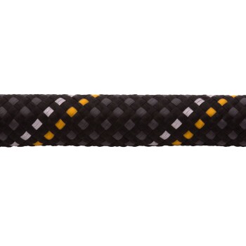 Eine Nahaufnahme eines geflochtenen Hundespiels in Schwarz, Grau und Gelb, das seine strapazierfähige Textur und sein Design zeigt.