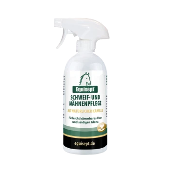 Equisept Pferdepflege-Sprayflasche, beschriftet "Schweif- und Mähnenpflege mit natürlicher Kamille", fördert einfaches Kämmen und seidigen Glanz.