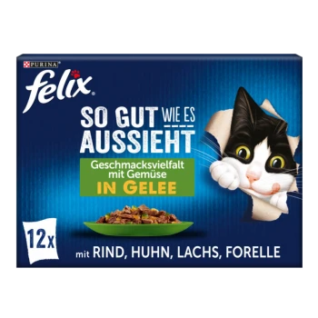 Felix Katzenfutterverpackung zeigt eine verspielte schwarz-weiße Katze mit Text über Geschmäcker: Rind, Huhn, Lachs und Forelle in Gelee.