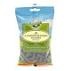 Eine Tüte mit Haustierleckerlis mit der Aufschrift "LANDGUT-HAPPEN mit Insekten" in grün-blauem Design, mit dem Text "Der perfekte Soft-Snack für unterwegs."