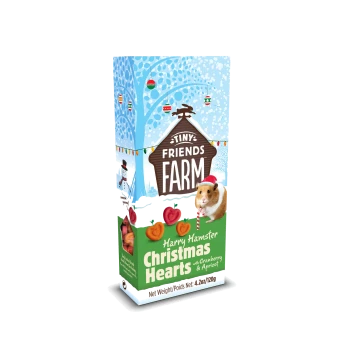 Tiny Friends Farm Harry Hamster Christmas Hearts treats with cranberry and apricot, 4.2oz, featuring a hamster with a Santa hat.