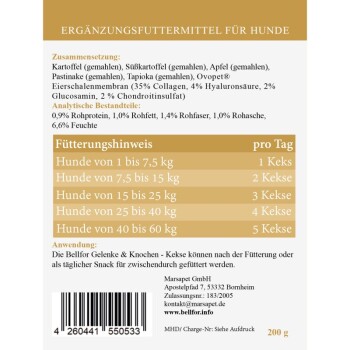 Verpackung für ergänzendes Hundefutter mit Zutaten wie Kartoffeln, Süßkartoffeln und Apfel, mit Fütterungshinweisen und Nährwertanalysen.
