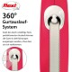 Flexi ausziehbare Hundeleine mit einem 360°-Gurtverlängerungssystem, mit einem pinken Gehäuse und einem weißen Griff. Der Text hebt die Funktionalität hervor.