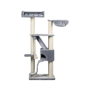 Grauer Katzenbaum mit mehreren Ebenen, Kratzpfosten, einer Hängematte und einem hängenden Seilspielzeug.