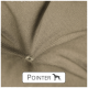 Nahaufnahme eines strukturierten beigen Stoffes mit einem zentralen Knopf, beschriftet mit "POINTER" und einer Silhouette eines Hundes unter dem Text.