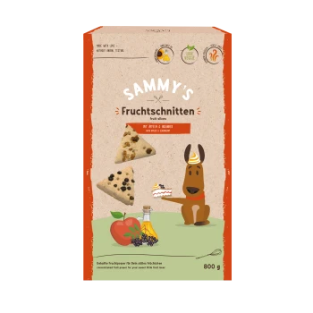 Sammy's Fruchtschnitten Obstscheiben-Packung mit zwei dreieckigen Obstscheiben, mit dem Text "mit Äpfeln & Holunder" und einem Cartoon-Hund.