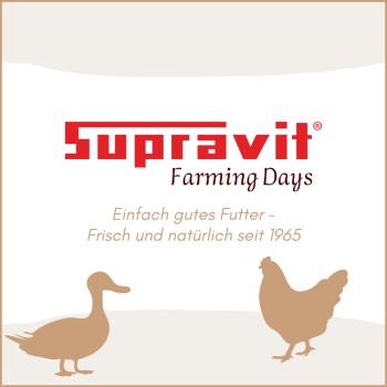 Supravit Farming Days Logo mit Silhouetten einer Ente und eines Huhns und deutschem Text über frisches, natürliches Futter seit 1965.