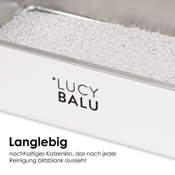 Nahaufnahme einer weißen LUCY BALU Katzenstreu-Box mit den Aufschriften "Langlebig" und einer deutschen Beschreibung, die ihr nachhaltiges Design betont.
