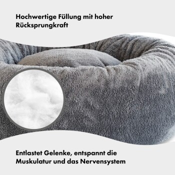 Graues Haustierbett mit plüschiger Füllung, mit Text über hohe Widerstandsfähigkeit und Vorteile für Gelenke und Muskeln.