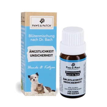 Blaue Paws & Patch-Schachtel und braune Flasche mit blumigem Mittel für Haustiere, beschriftet 'Ängstlichkeit Unsicherheit' (Hunde & Katzen).