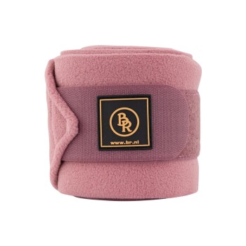 Rosa Fleece-Pferdebinde mit einem Klettverschluss, featuring einem schwarzen und goldenen BR-Logo und der Website www.br.nl.