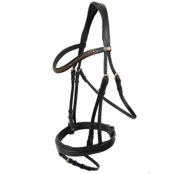 Schwarzes Leder-Haustiergeschirr mit dekorativen Strasssteinen, mit verstellbaren Riemen und goldfarbenen Beschlägen.