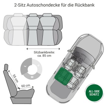 Illustration einer 2-Sitzer Autositzauflage, die Abmessungen (Breite: 85 cm, Höhe: 55 cm, Tiefe: 60 cm) und das Label "ALL-SIDE SCHUTZ" zeigt.